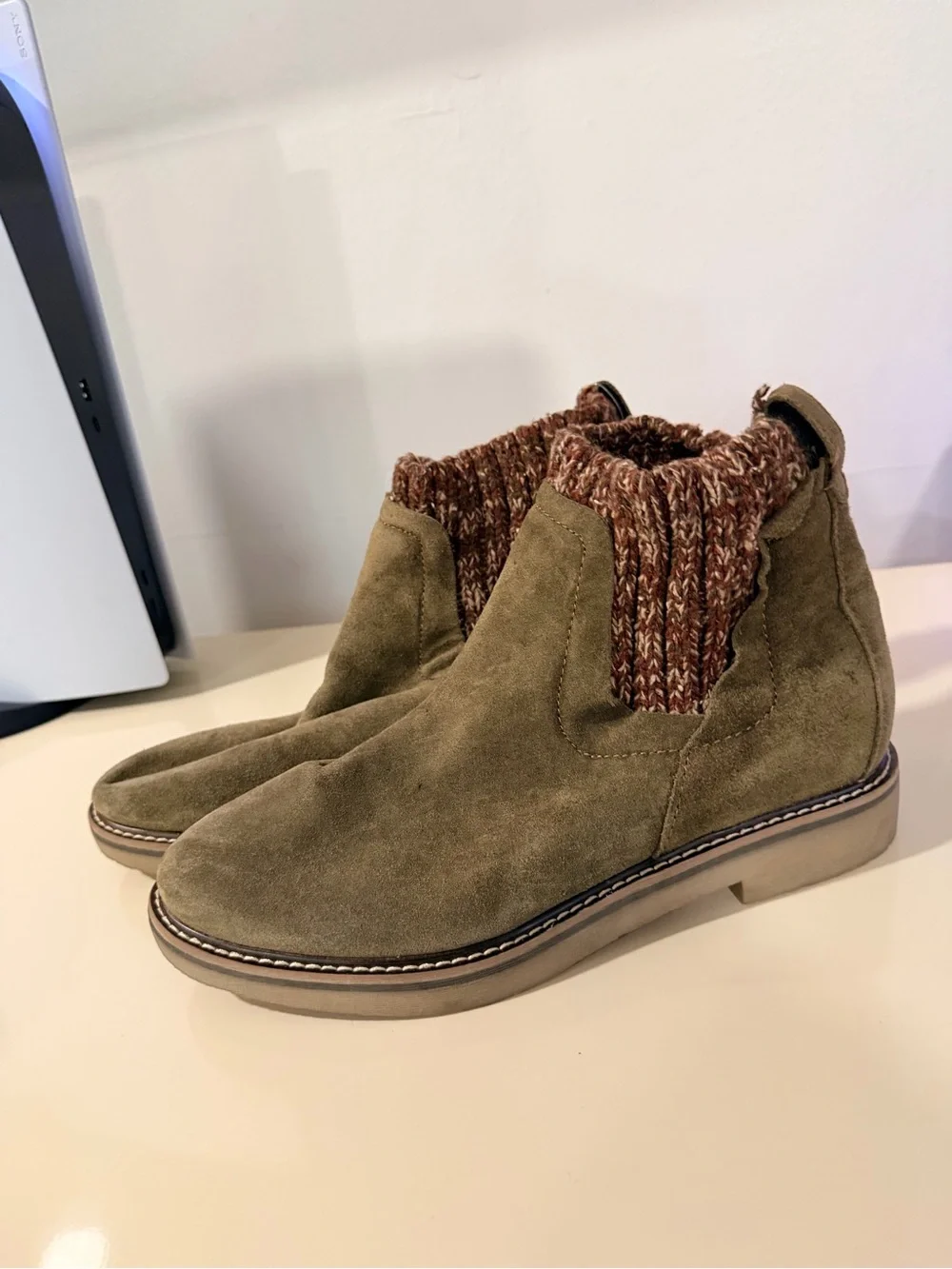 Comfortiva Olive Suede Ankle Bootie with Knit Cuff